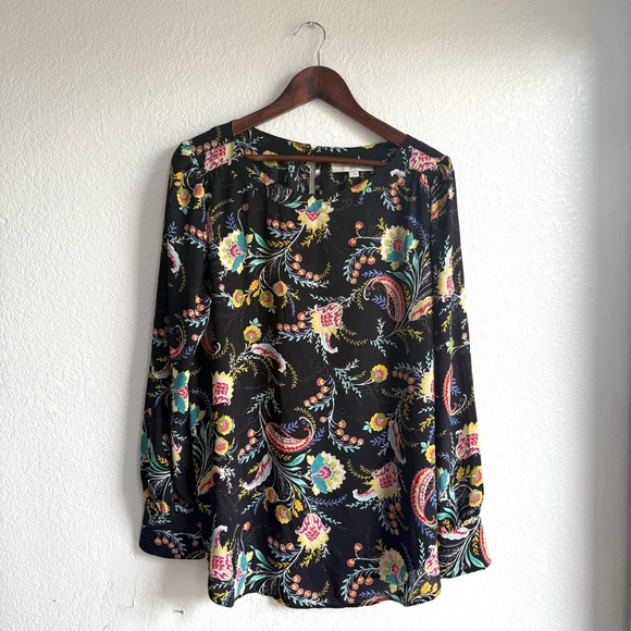 Loft Womens Shirt Blouse Black Floral Long Sleeve Button Neck Size Large - Picture 1 of 10